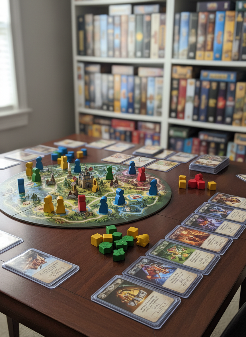 A modern board game in mid-play spread across a dark walnut table, featuring a mix of colorful wooden meeples, chunky resource tokens, and neatly organized cards in protective sleeves. The central game board shows a detailed fantasy map with clear regions and paths. Soft, diffused daylight from an unseen window washes across the surface, creating gentle reflections on glossy card finishes and subtle shadows beneath components. Shot from a slightly elevated angle with shallow depth of field, the foreground pieces are in crisp focus while the background shelves of neatly stacked board game boxes blur softly. The mood is professional yet inviting, with clean photographic realism that emphasizes the quality and detail of the game components for a serious board gaming blog.