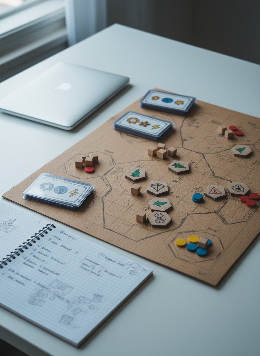 A focused close-up of an original prototype board game in development, featuring a sturdy cardboard board with clearly segmented areas, hand-cut but neatly aligned tiles, and sleeved cards with placeholder iconography. Small wooden cubes and discs in muted primary colors are clustered in specific zones, hinting at resource management mechanics. The scene is set on a clean white desk beside a closed laptop and a lined notebook filled with sketched diagrams, all slightly out of focus. Cool, indirect daylight from a nearby window creates soft, natural highlights on the components. Shot at eye level with a shallow depth of field, the composition emphasizes the prototype’s tactile details and conveys a thoughtful, work-in-progress atmosphere in photographic realism.