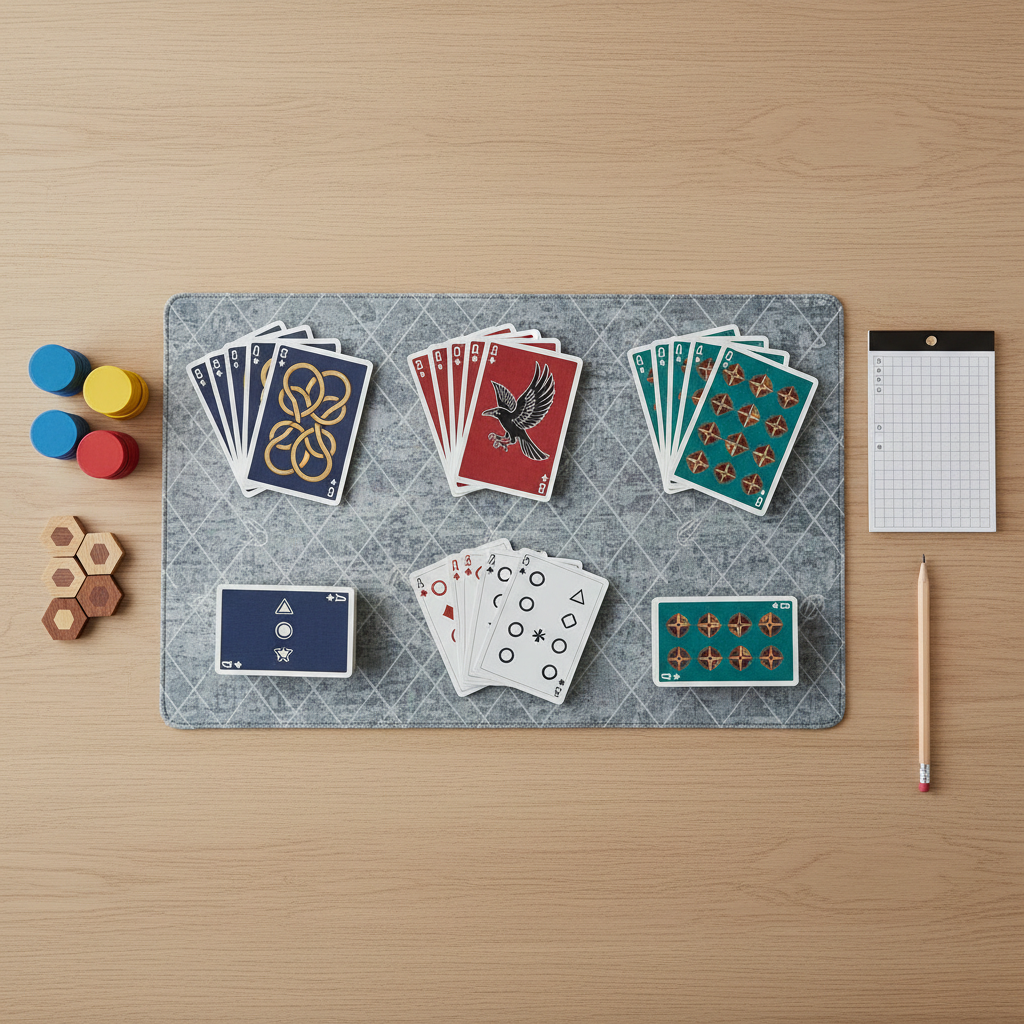 A neatly arranged flat lay of card games and trick-taking titles on a light oak tabletop, featuring fanned-out custom card decks with distinct backs, a compact score pad with a sharpened pencil, and tidy piles of colorful plastic and wooden tokens. The composition also includes an elegant fabric playmat with subtle patterns beneath the cards. Soft studio lighting from above creates even illumination, minimal glare, and crisp, readable details on the card faces without showing text. The image is captured straight down in a bird’s-eye view, with precise alignment and balanced negative space around the edges. The atmosphere feels organized, analytical, and professional, ideal for illustrating strategy discussions and reviews on a specialist card and board game blog.