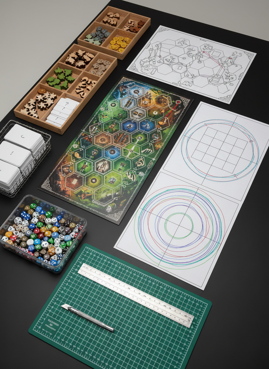 A designer’s board game development workspace on a large, matte black table, featuring multiple iterations of a game board laid out side by side: one vibrant, professionally printed playtest board and two earlier, simpler paper versions with clear geometric zones. Around them lie organized trays of custom wooden tokens, blank cards awaiting ideas, and a transparent plastic container holding dice of various shapes and colors. A grid cutting mat with a metal ruler and precision knife sits near the edge of the frame. Overhead, neutral-toned studio lighting illuminates the scene evenly, minimizing harsh shadows. Captured from an angled top-down perspective, the composition feels methodical and professional, highlighting the iterative process of board game design in a clean, photographic style.